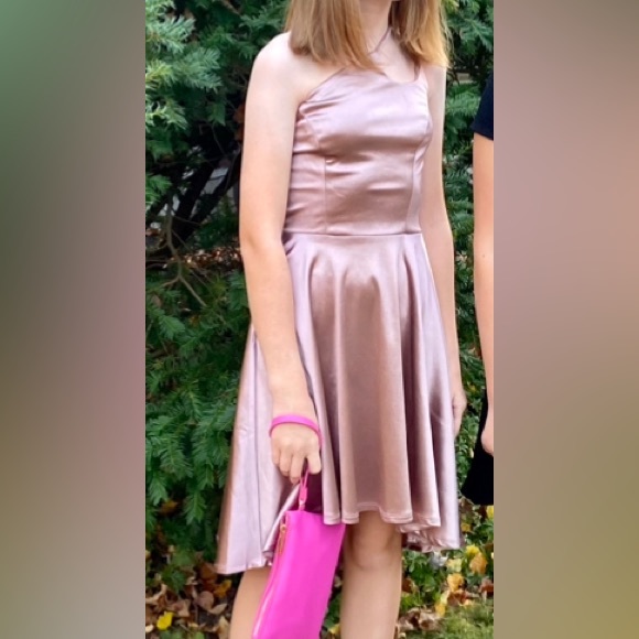 City Studio Junior dress size 0, one shoulder gold pink, worn once. - Picture 1 of 6